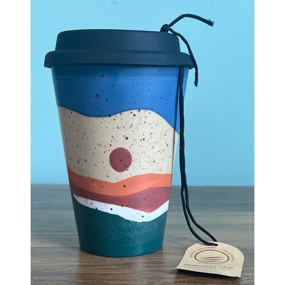 United By Blue Ceramic Travel Mug Speckled Landscape Tumbler with Silicone Lid